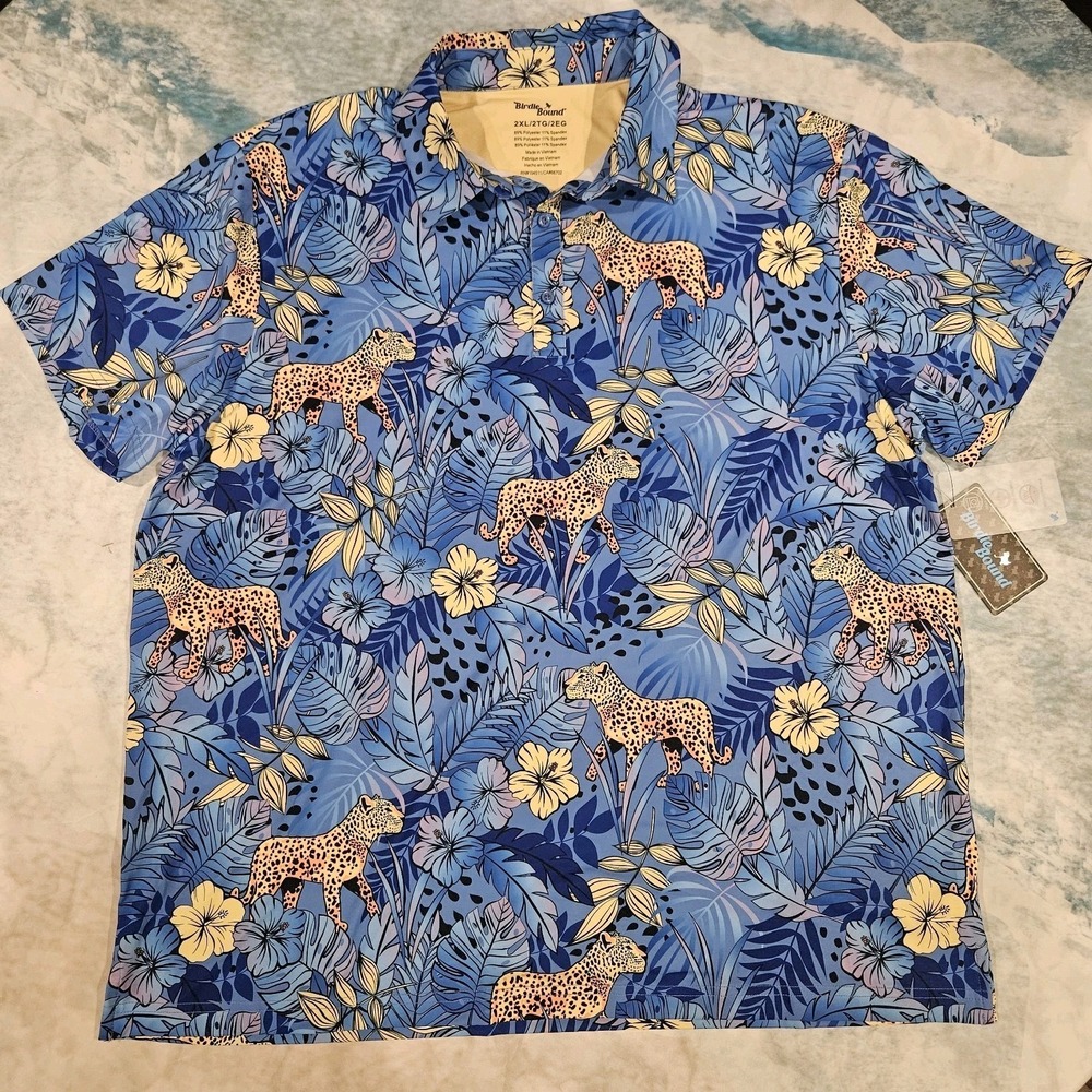 Bird‎ Dog Bay Mens Polo Shirt NWT Blue Jungle Leopard Print Short Sleeve